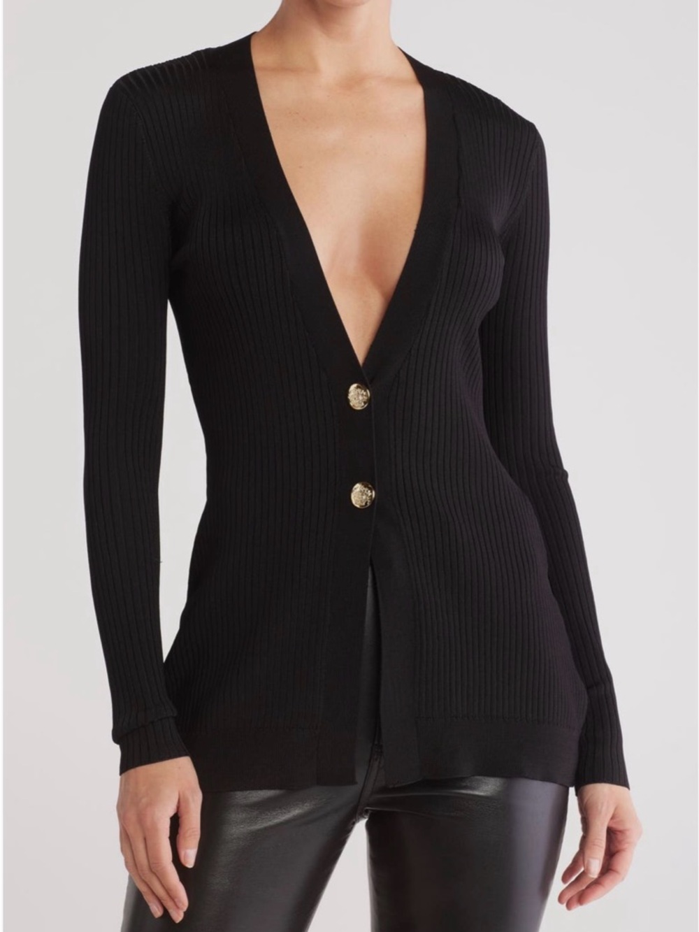 NWT Jason Wu Black V neck Ribbed Cardigan with gold buttons size Medium